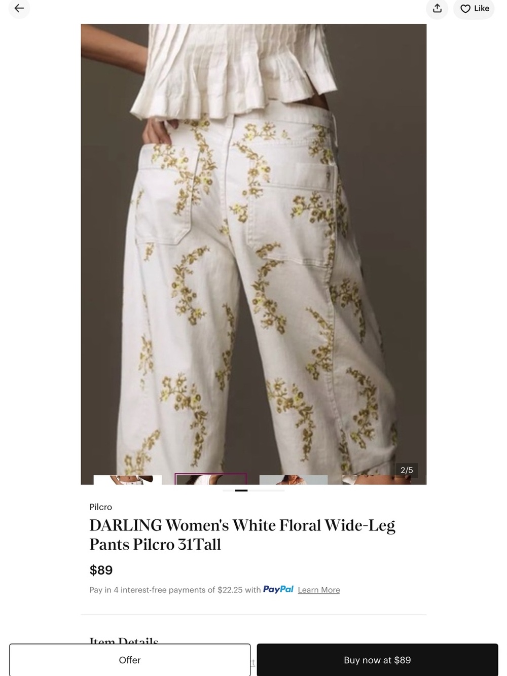 Anthropologie White Cropped Jeans with Olive Floral Embroidery - Picture 3 of 4